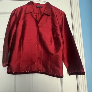 Red Satin Button-Up Three Quarter Sleeve Blouse with Sequin Trim